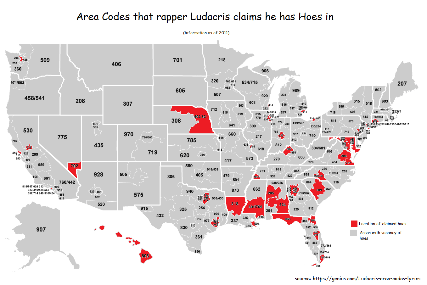 Area Codes that rapper and actor Ludacris claims to have Hoes in
