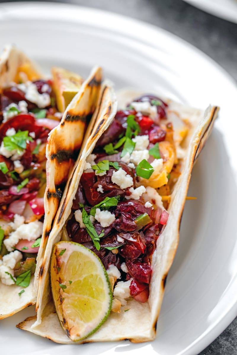 Grilled Cod Tacos with Grilled Cherry Salsa
