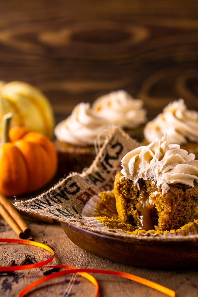 Brown Butter-Pumpkin Cupcakes With Bourbon Caramel Frosting and Filling