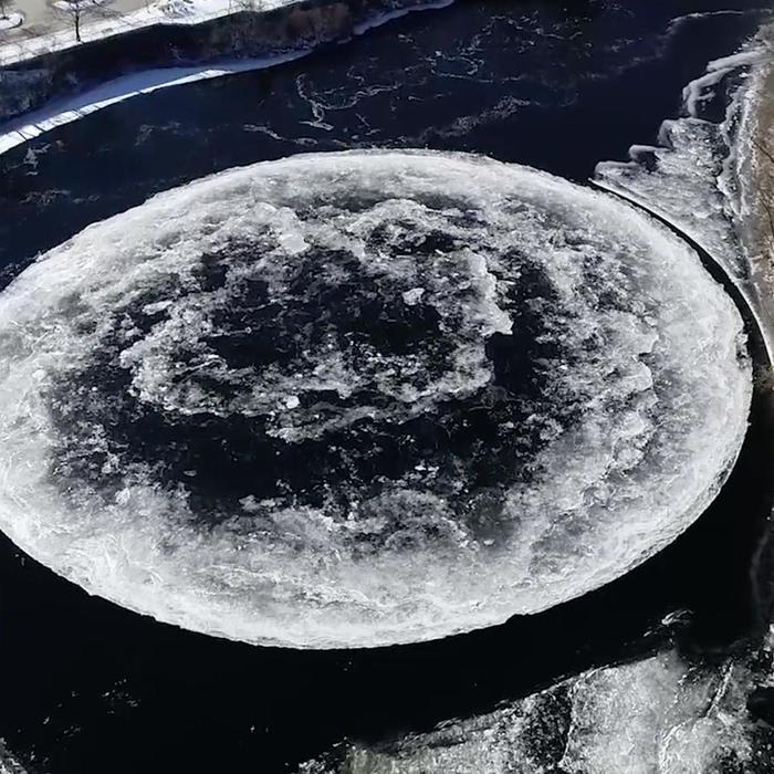 A Gigantic Circular Ice Patch Formed in a River in Westbrook, Maine