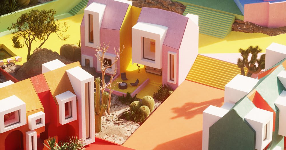a chaotic cluster of vibrant dwellings makes up the sonora art village