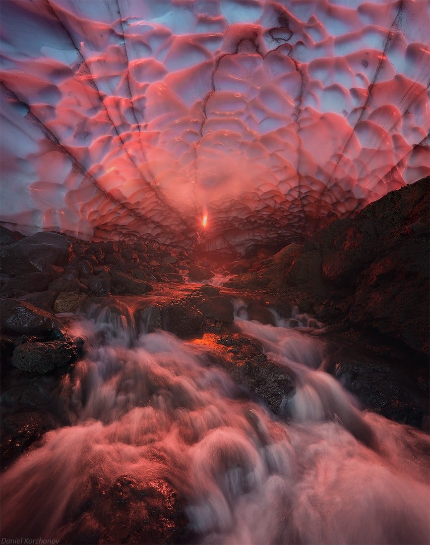 An ice cave under a volcano in Kamchatka, Russia