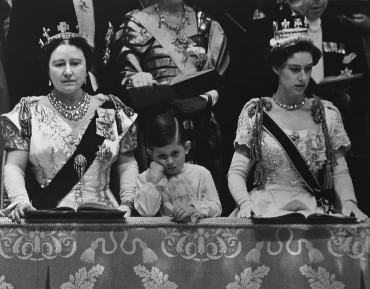 The Queen Mother, Prince Charles, and Princess Margaret in the royal box at Westminster Abbey watching the 1953 Coronation ceremony of Queen Elizabeth II.
