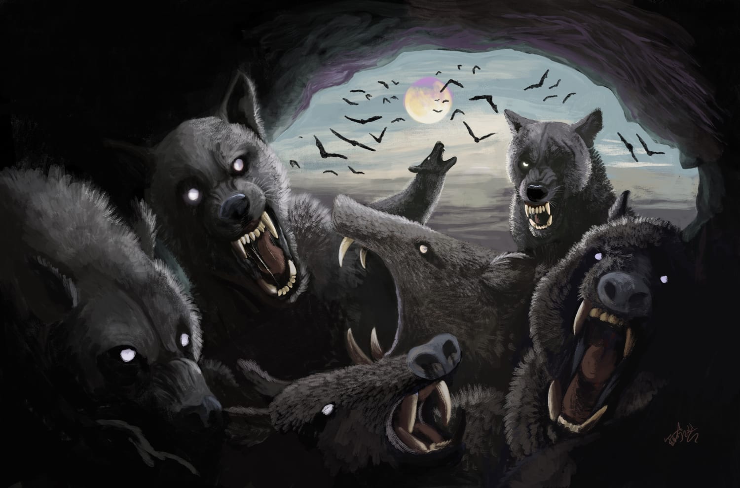 A Pack Of Dire Wolves Hunting Flat-Headed Peccaries Within An Ozark Mountains' Cave (Hodari Nundu- DeviantArt)