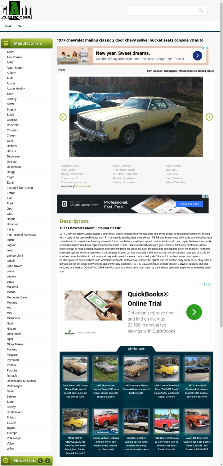 1977 chevrolet malibu classic 2 door chevy swivel bucket seats console v8 auto for sale: photos, technical specifications, description
