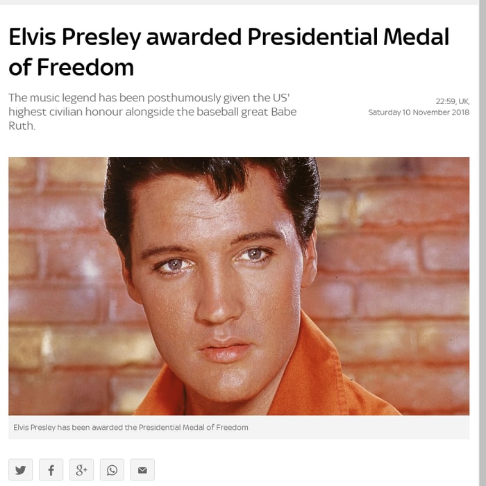 Elvis Presley awarded Presidential Medal of Freedom
