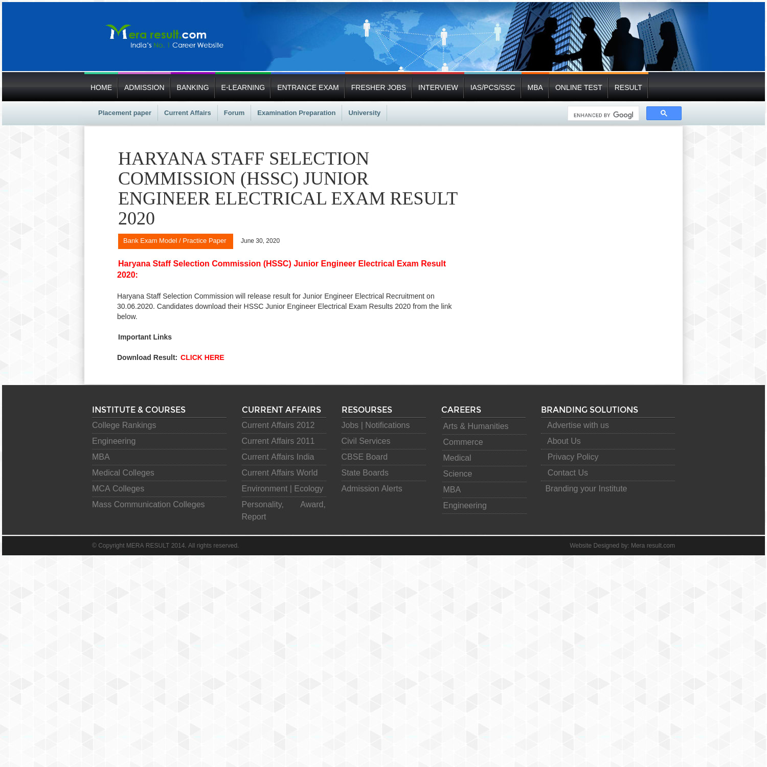 Haryana Staff Selection Commission (HSSC) Junior Engineer Electrical Exam Result 2020