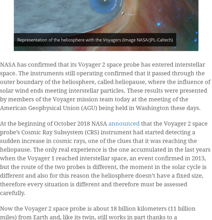 The Voyager 2 space probe was confirmed to have entered interstellar space