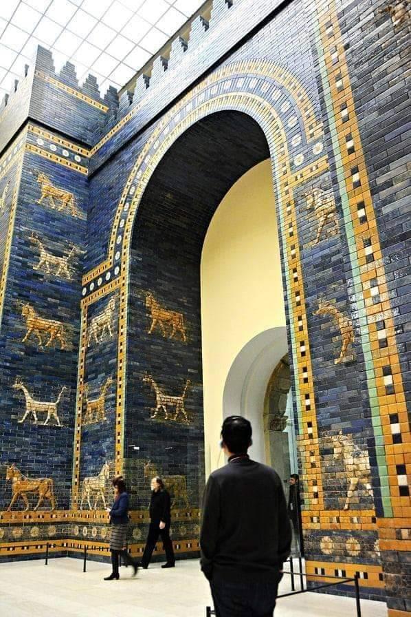 The Ishtar Gate, built by the Babylonian King Nebuchadnezzar II in Mesopotamia in 575 BC, using blue lapis lazuli and dense asphalt bricks. It's now preserved in the Pergamon Museum, Berlin. Detail pic in comment.
