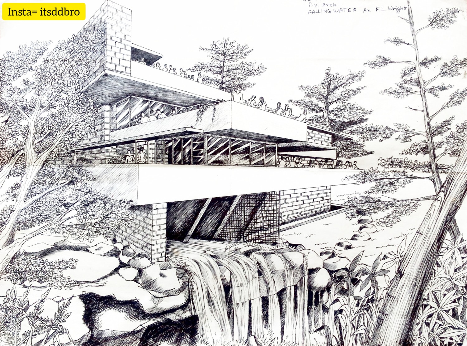 Ballpoint pen sketch of most famous building "Falling Waters" i did when i was in 1st year of Architecture