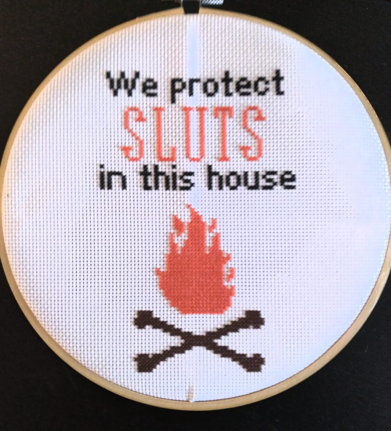 The ladies of True Crime Campfire used this phrase in their most recent episode, and I HAD to stitch it! Thinking of hanging it so it's the first thing you see when you enter my house 😄