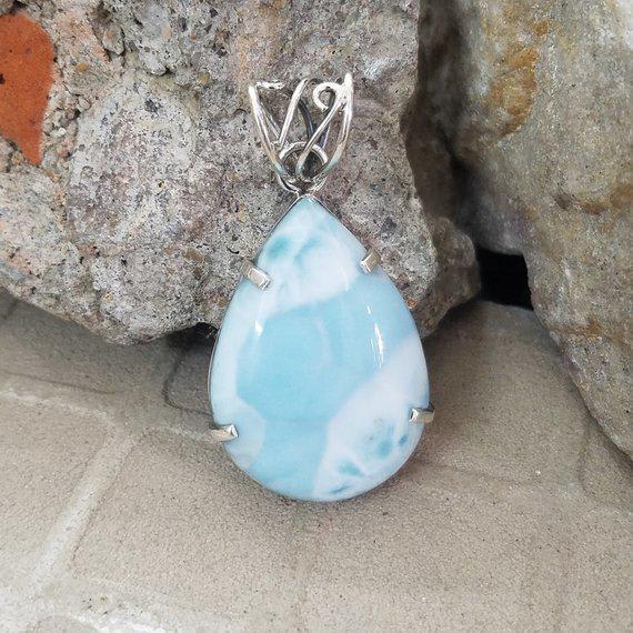 Larimar Pendant, 925 Sterling Silver, Dominican Larimar Jewelry, Prong Set Ring, Ocean Jewelry, Wedding Jewelry, Victorian Pendant, Gift Her