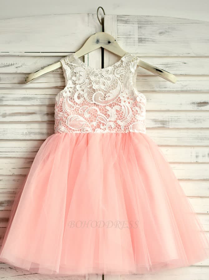 A-Line Round Neck Floor-Length Pink Flower Girl Dress with Lace