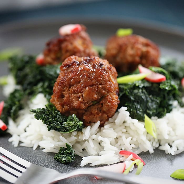 Soy Glazed Pork Meatballs With Kale and Picked Radish