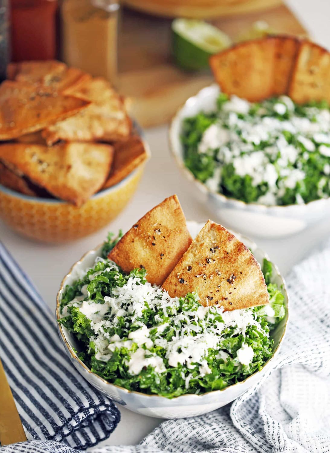 Parmesan Kale Salad with Garlic Lime Dressing and Pita Chips