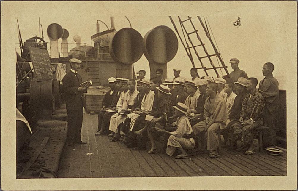 Japanese emigrants to Brazil learning Portuguese aboard the Japanese emigrant ship Seattle-Maru (1917)