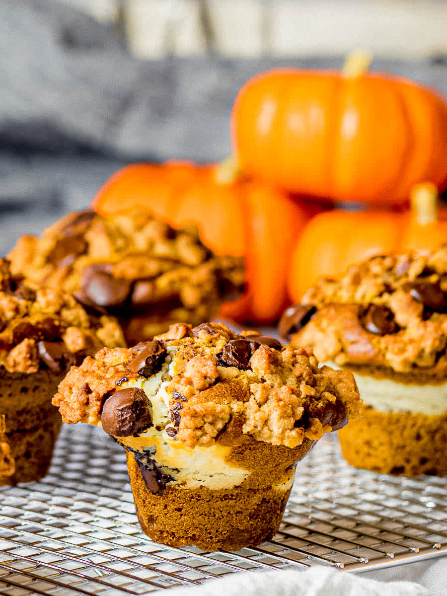 Pumpkin Chocolate Chip Muffins with Cream Cheese & Streusel