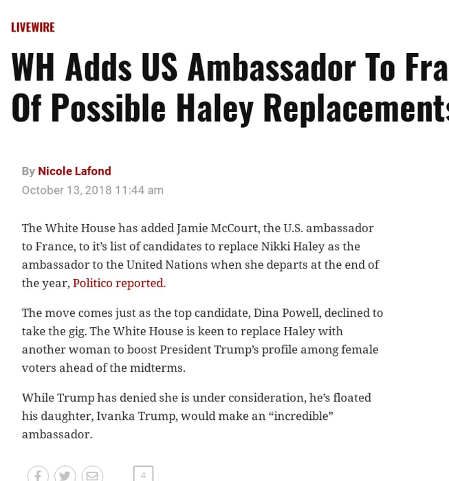 WH Adds US Ambassador To France To List Of Possible Haley Replacements