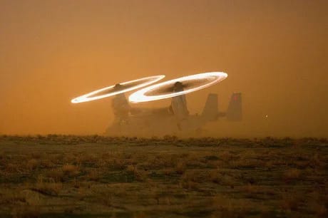 The Kopp–Etchells Effect: In desert conditions, helicopter rotors are sometimes surrounded by sparkling rings. When flying sand strikes the abrasion strips on the leading edges of the blades, clouds of eroded titanium particles ignite as they’re exposed to oxygen.