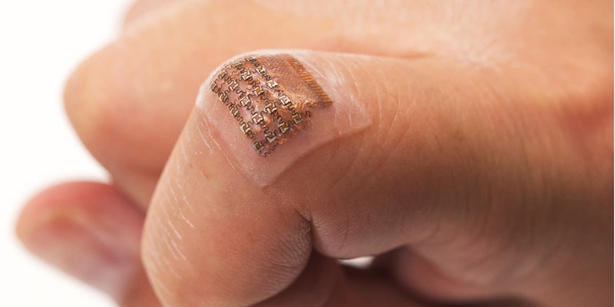 A stretchy stick-on patch can take blood pressure readings from deep inside your body