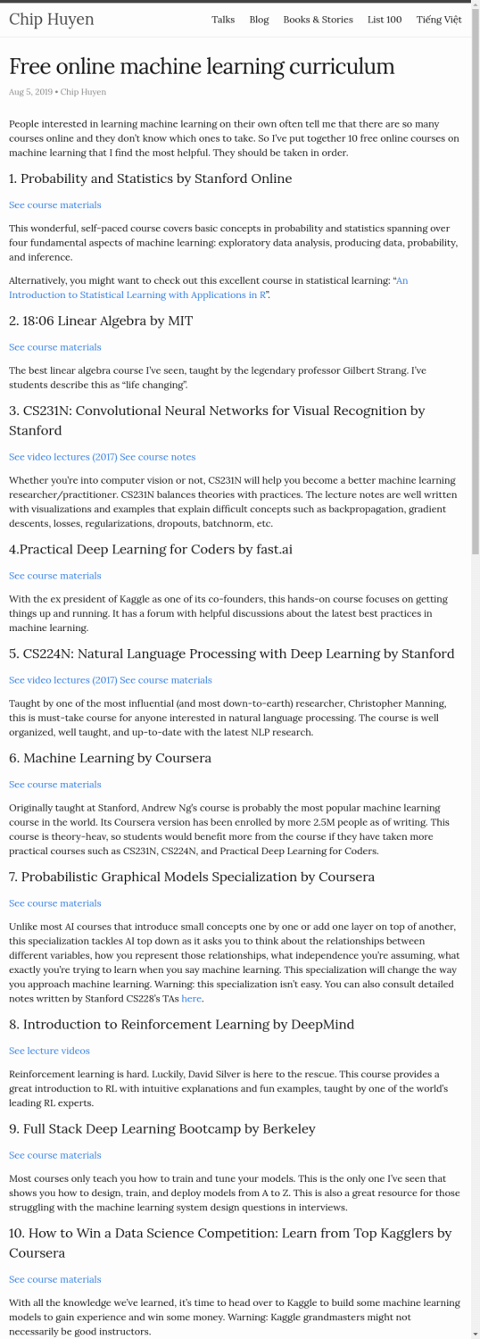 Free online machine learning curriculum