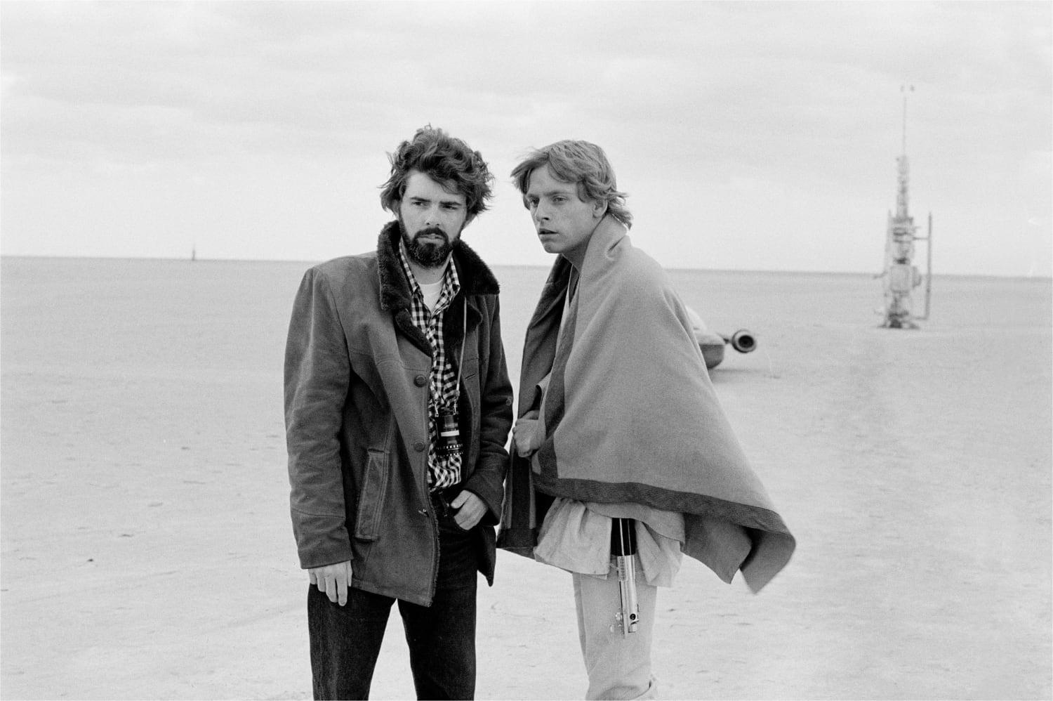 George Lucas and Mark Hamill on the set of A New Hope, 1977