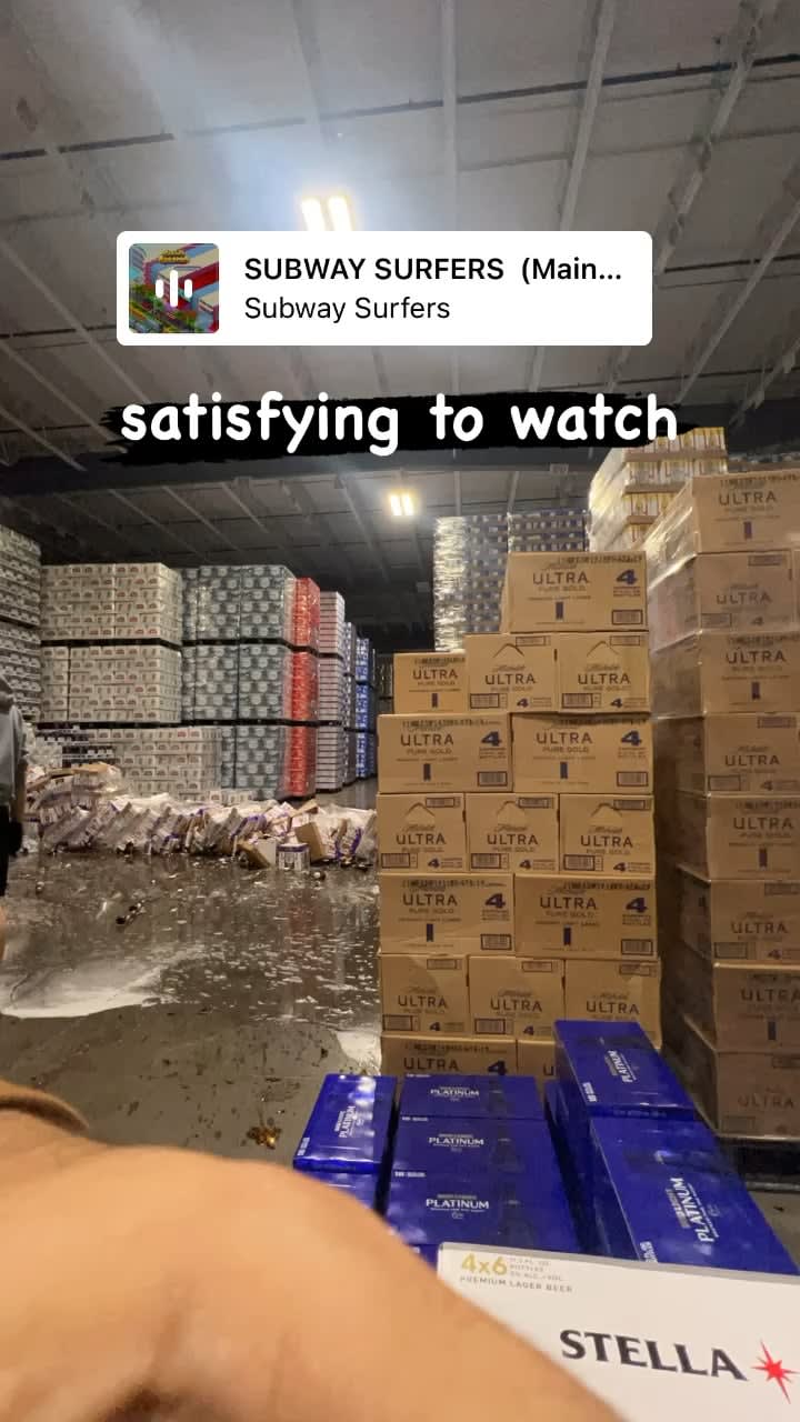 3 pallets of beer somehow tipped over, luckily no one was hurt but ...