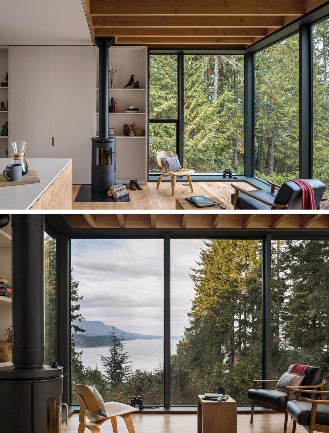 Inside a cabin overlooking Hood Canal with distant views to Dabob Bay, Seabeck, Washington, by Mwworks