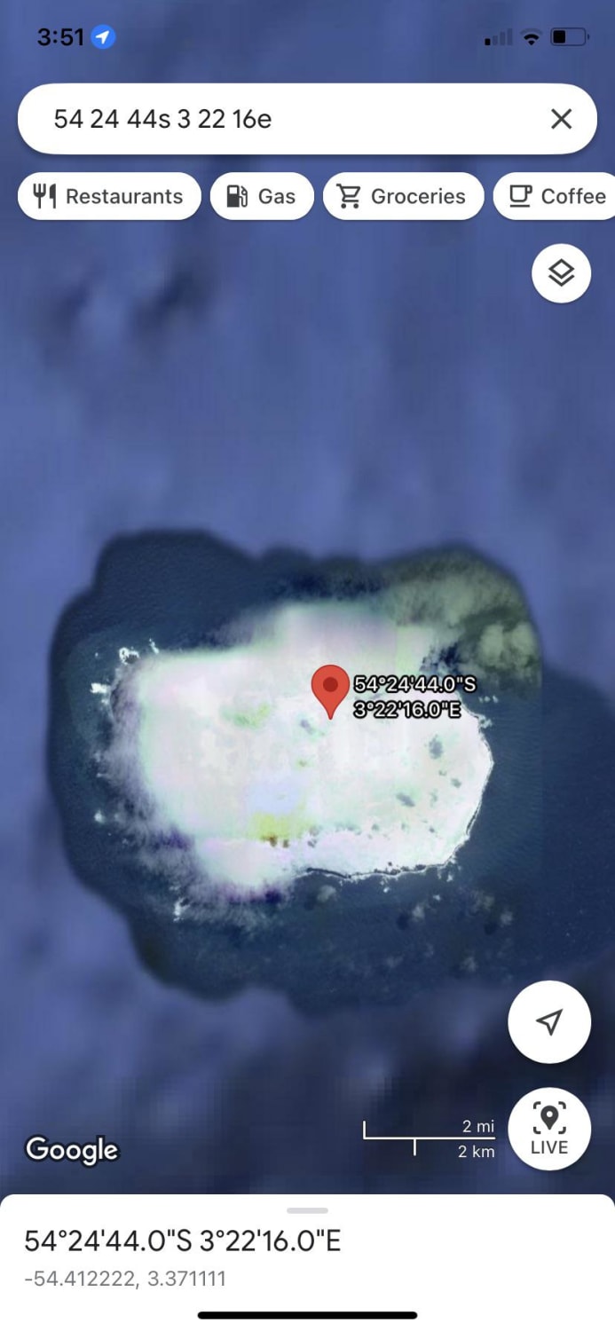 54°24’44.0”S 3°22’16.0”E https://goo.gl/maps/HJHTzt6rvQdNHcVbA wtf is this it looks to be an island but it’s like a neon green smoke ball