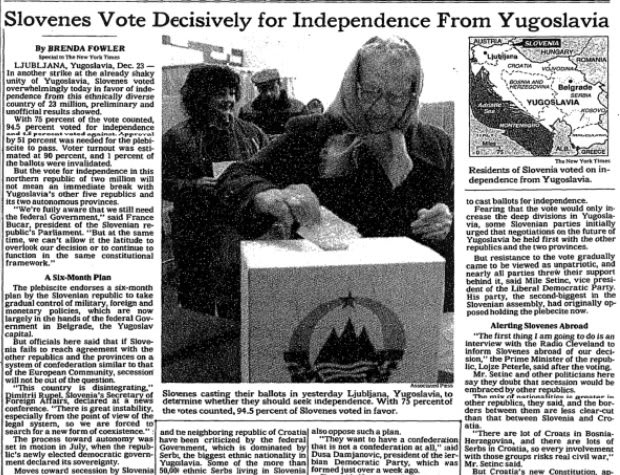 Slovenia voted for independence from Yugoslavia, this day in 1990. With 75 percent of the vote counted, 94.5 percent voted for independence with voter turnout estimated at 90 percent.