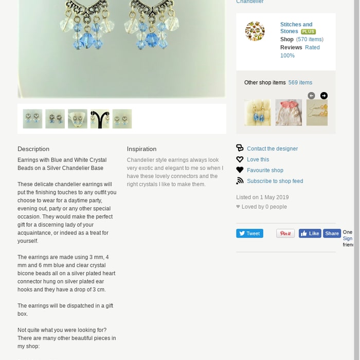 Earrings with Blue and White Crystal Beads on a Silver Chandelier Base