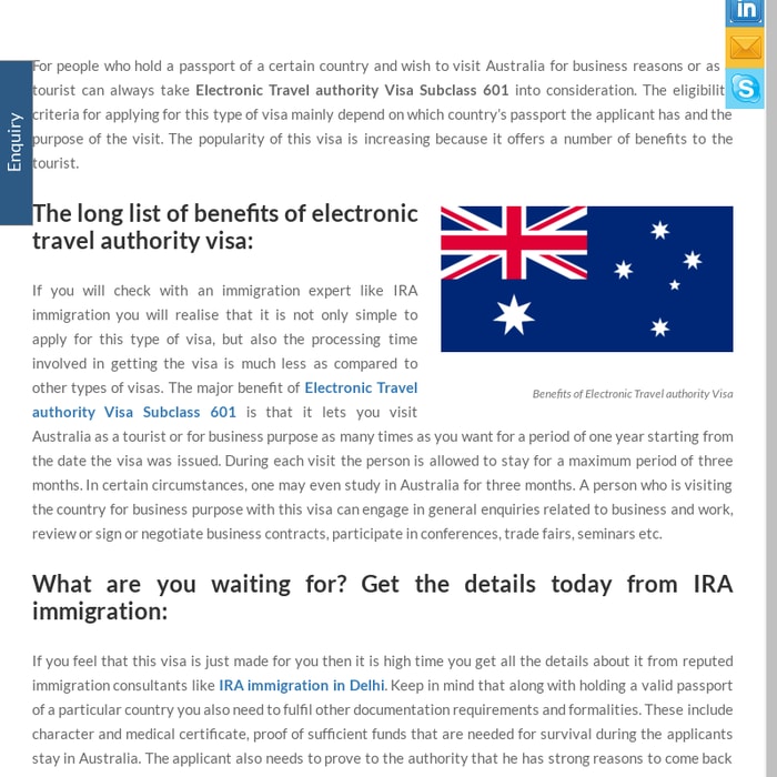 Benefits of Electronic Travel authority Visa Subclass 601