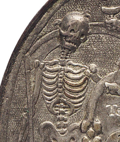 Two skeletons stand alongside a cartouche commemorating Petrus Faas - one with scythe and the other extinguishing a torch. A putto sits above and blows bubbles - a reminder of the fragility of life. Silver medal. 1682 (@AmsterdamMuseum)