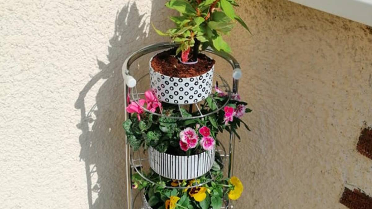 Woman Creates Gorgeous Plant Stand Made Entirely From Cake Tins