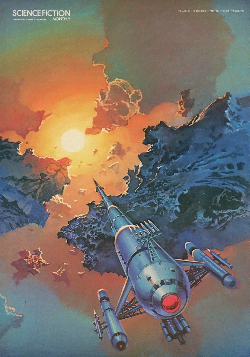 Bruce Pennington cover art for Isaac Asimov's "Pirates of the Asteroids," reprinted in Science Fiction Monthly, November 1975.