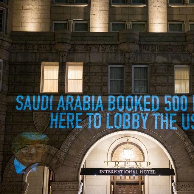 Activists highlight Trump ties to foreign autocrats in hotel light display