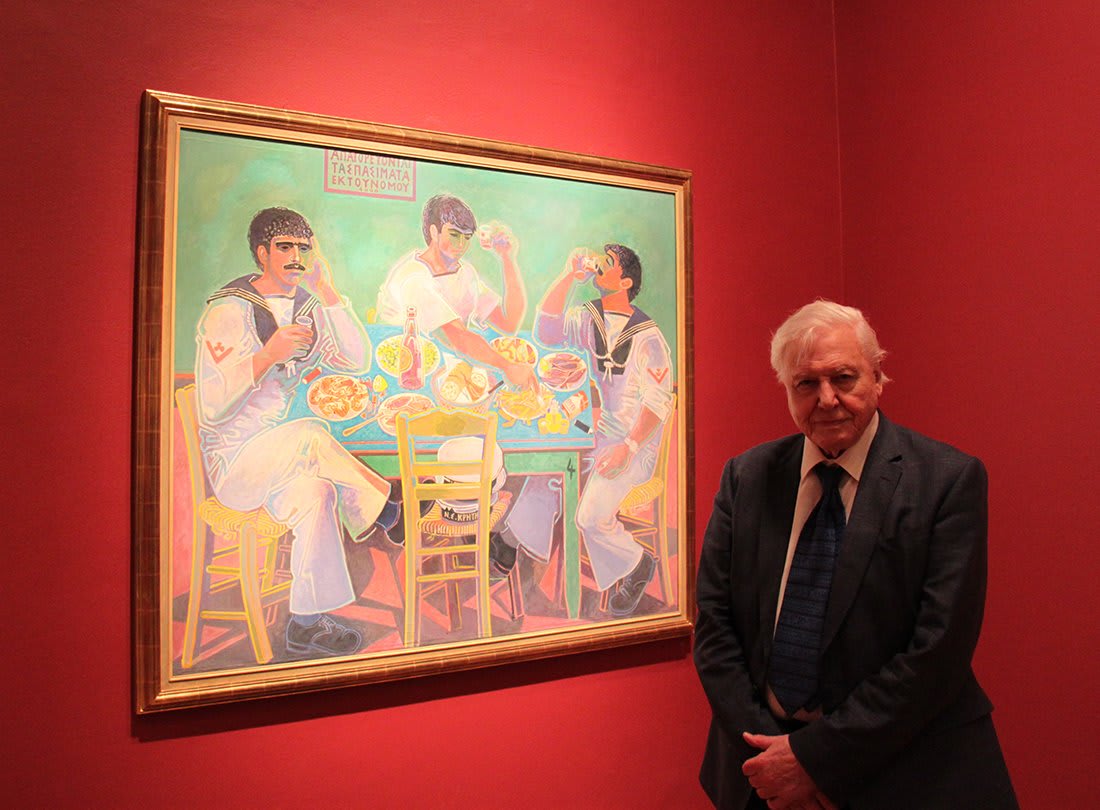Happy birthday to Sir David Attenborough! 🎂🎈 He paid us a visit last year to open one of our exhibitions! He was good friends with artist John Craxton, whose vivid work ‘Still Life with Three Sailors’ you can see in this photo