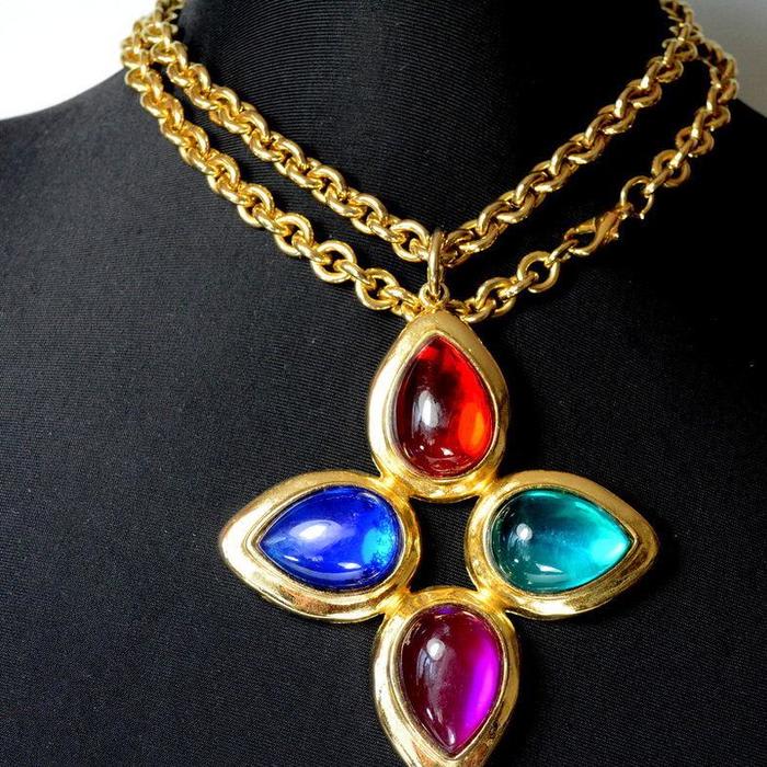 Haute Couture Necklace Multi Color Gripoix Lucite Cabochons Gold Cross Pendant