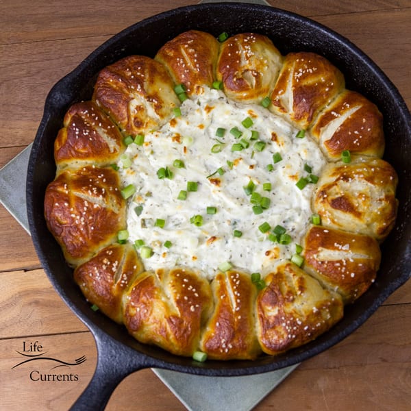 Skillet Pull-Apart Pretzel Buns with Creamy Cheese Dip