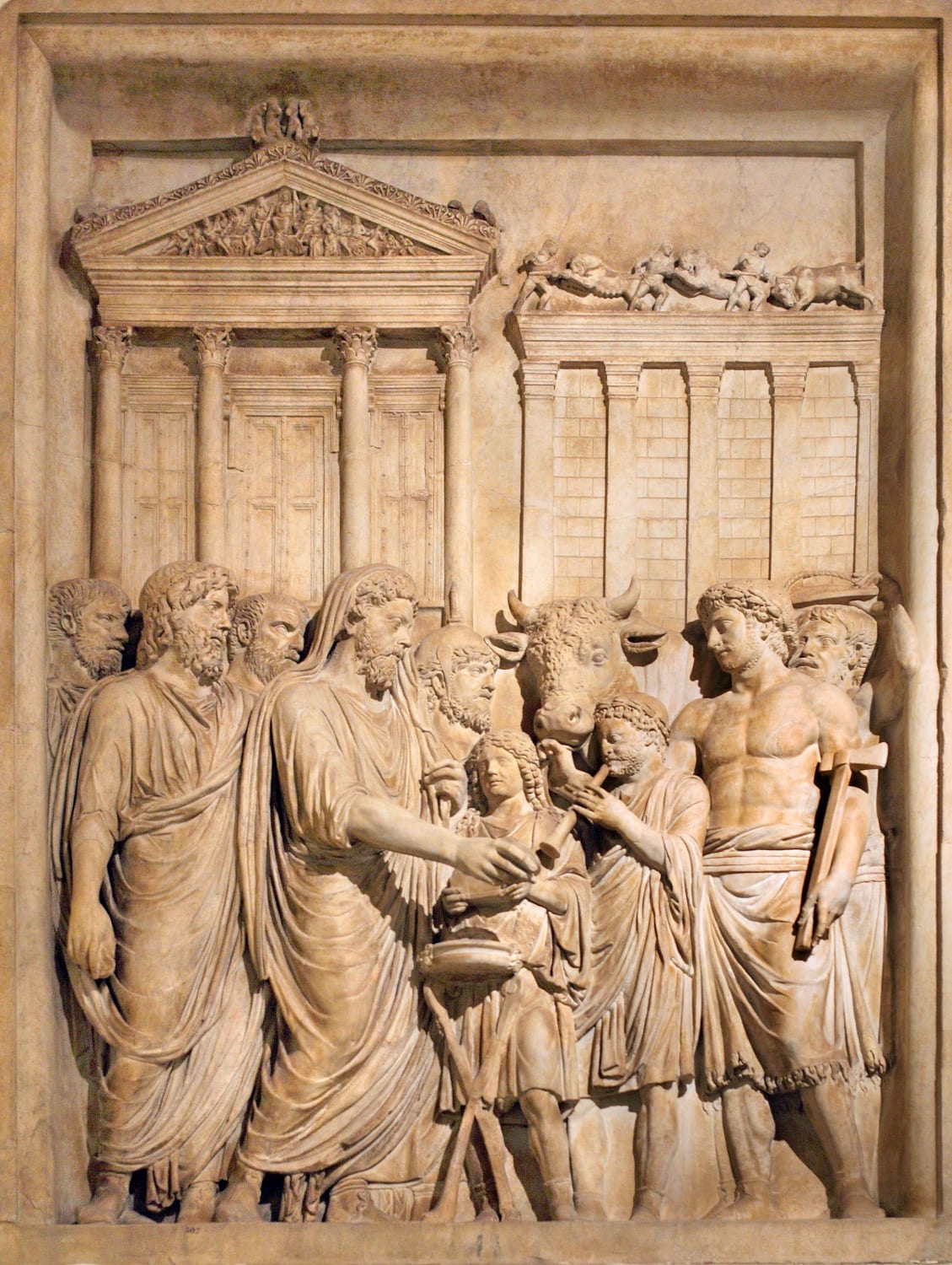 A bas-relief showing the Emperor Marcus Aurelius and members of the Imperial family offering a sacrifice in gratitude for success against Germanic tribes. 2nd century CE, now on display at the Capitoline Museums in Rome