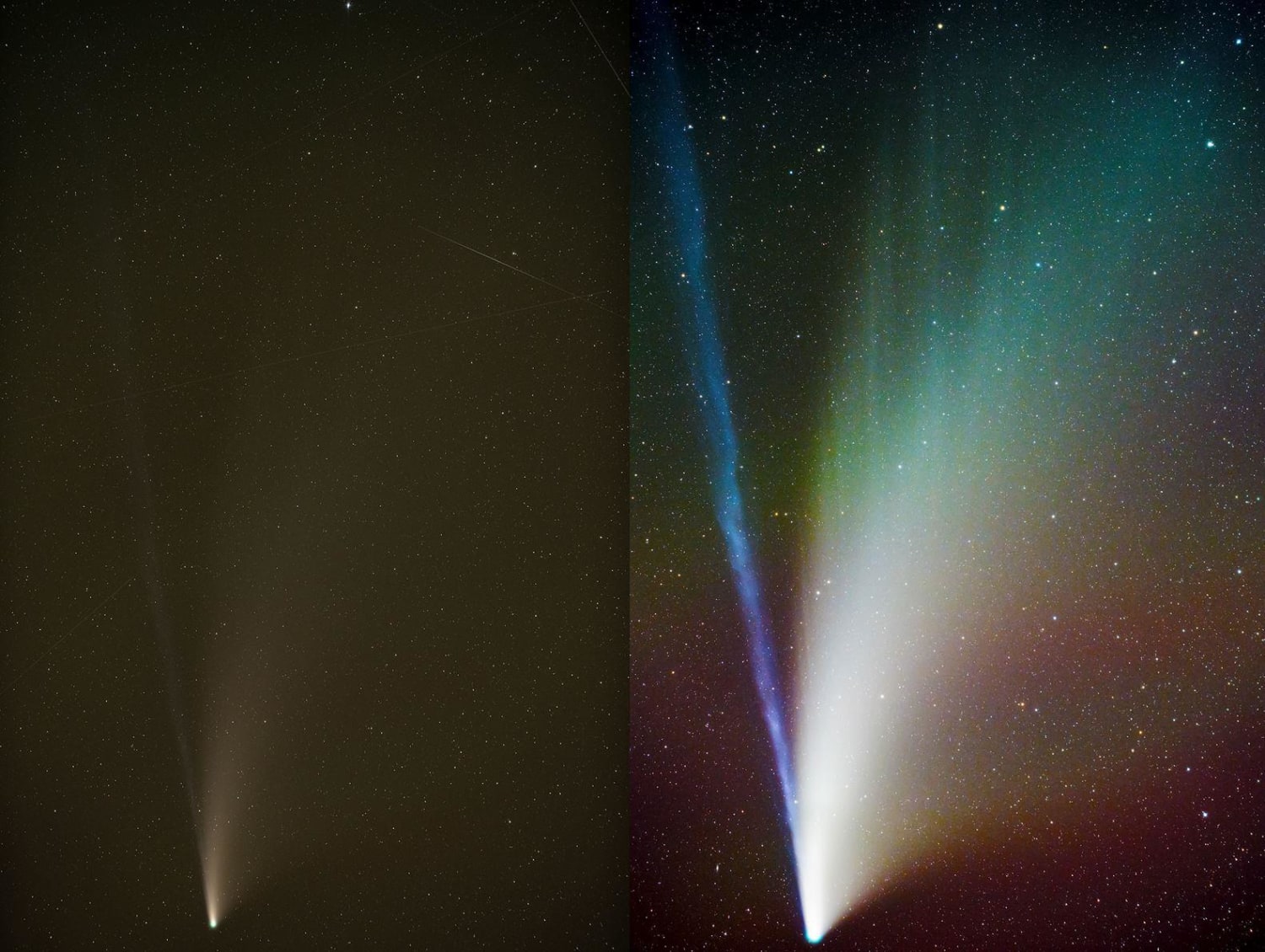 Comet NEOWISE before and after editing with a link for the editing tutorial