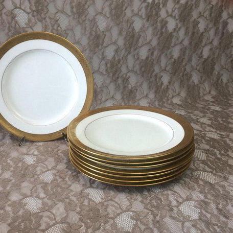 Minton for Tiffany & Co 8 luncheon plates, antique white with gold encrusted rim dinnerware, wedding tablescape, holiday dining fine china