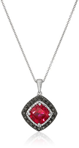 Jewelili Sterling Silver Created Ruby Cushion Diamond Accent Pendant Necklace