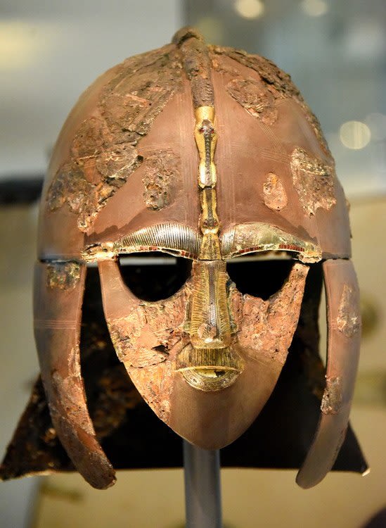 The Sutton Hoo Helmet. This is one of just 4 complete helmets to survive from Anglo-Saxon England. It has been reconstructed from the shattered condition in which it was found. From Sutton Hoo, Ship-burial Mound 1, England. Late 500s to early 600 CE.