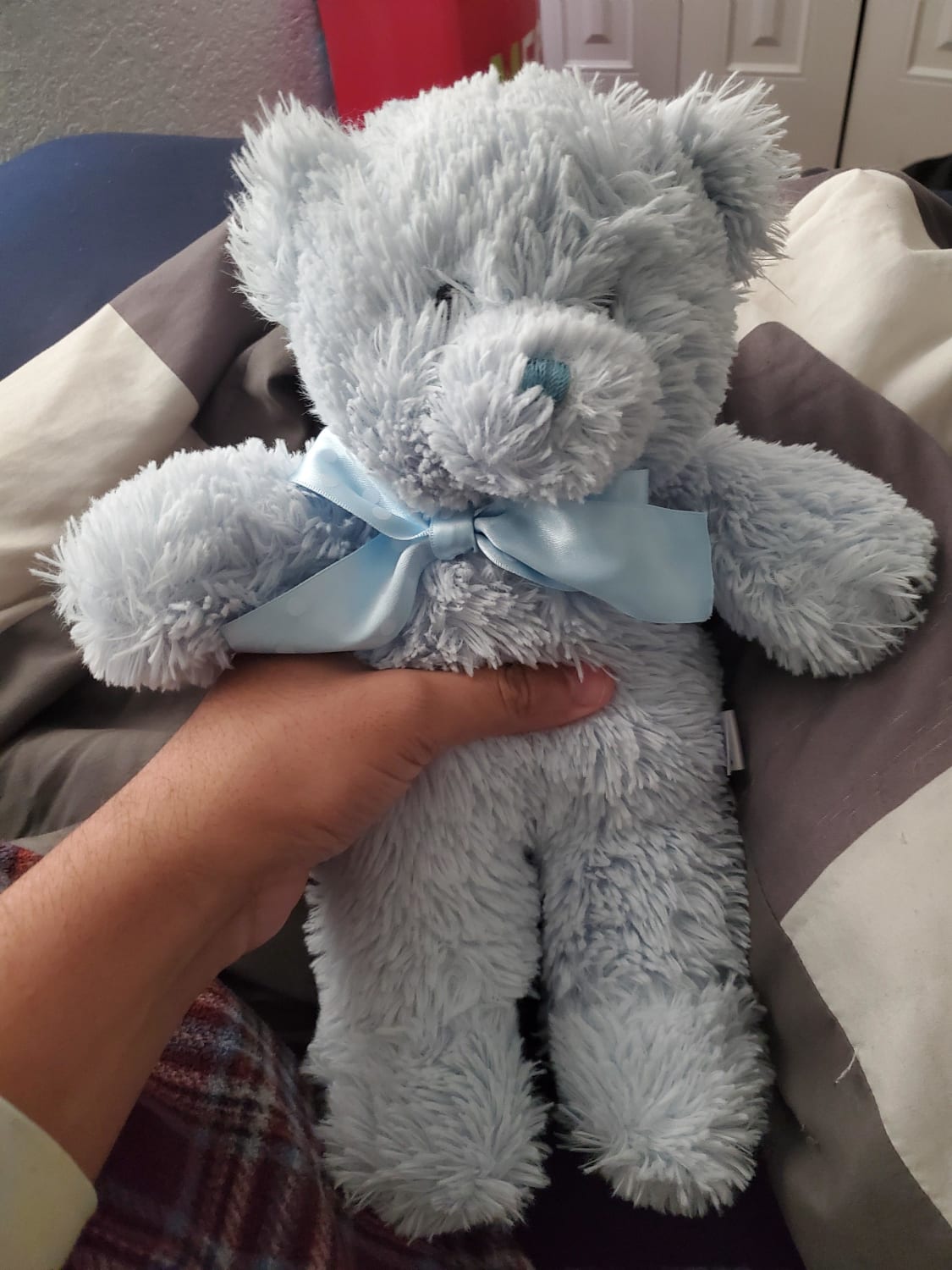 When I was 13 my mother purposely burnt a blue teddy bear I had to teach me a lesson. For the past 10 years it haunted me. My girlfriend surprised me with this bear as a pure gesture of kindness. Now I am a 23 year old Male with a Teddy Bear and have no shame! I am so grateful for my girlfriend!