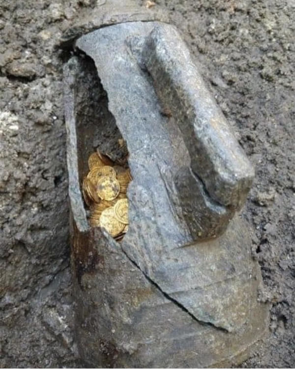 An ancient Roman jug dating back to the 5th century AD found under an abandoned theater near Milan, Italy.