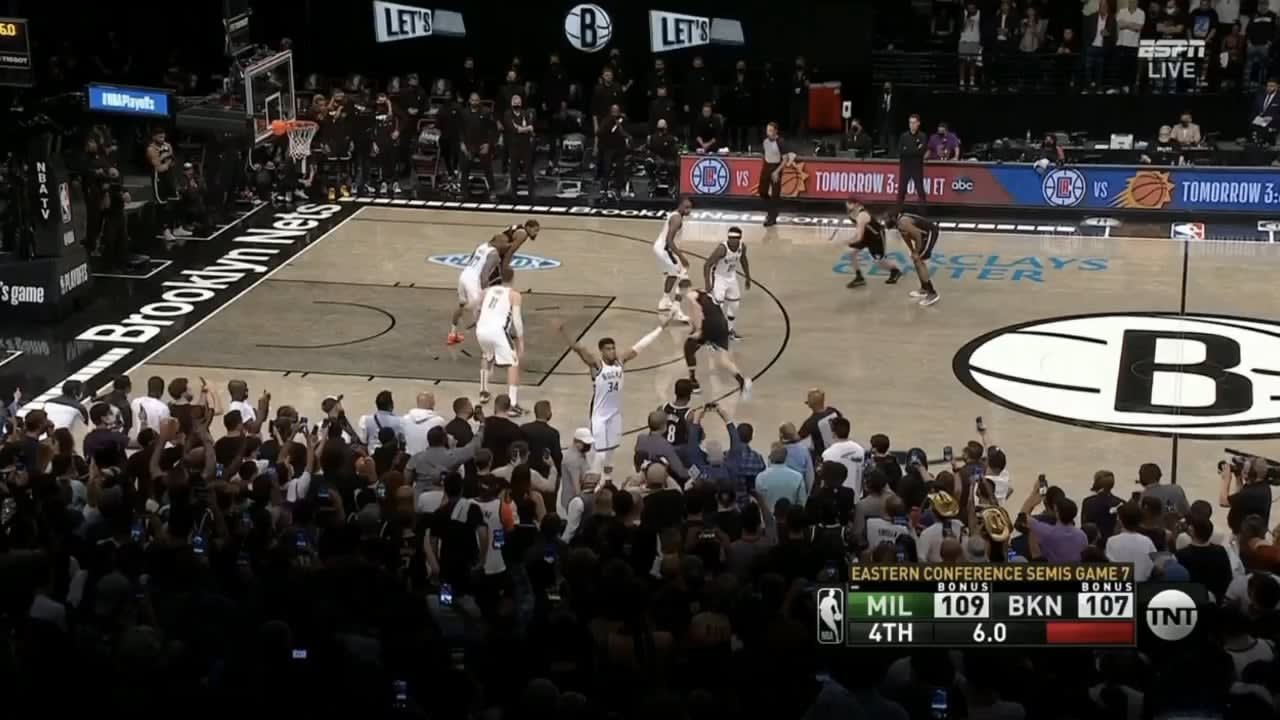 Kevin Durant Hits Incredible Shot - The Scoreboard Operator (and Thousands of Fans) think it's a 3 for the Lead but Durant's Foot Was on the Line - Nets End up Losing In Overtime to End Their Season