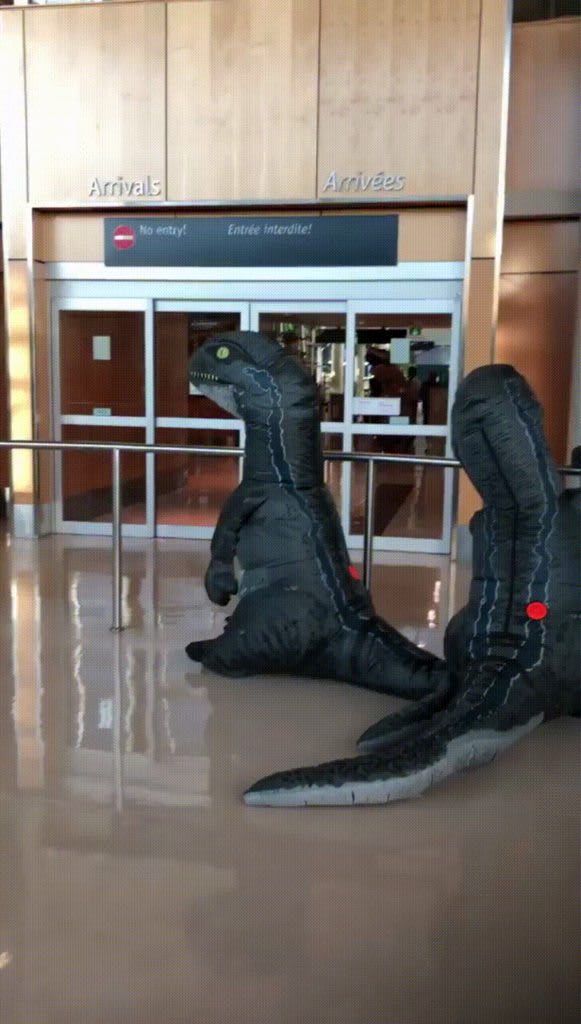 These grandkids planned to surprise grandma at the airport dressing as T-Rex but she heard about it and planned her own surprise.