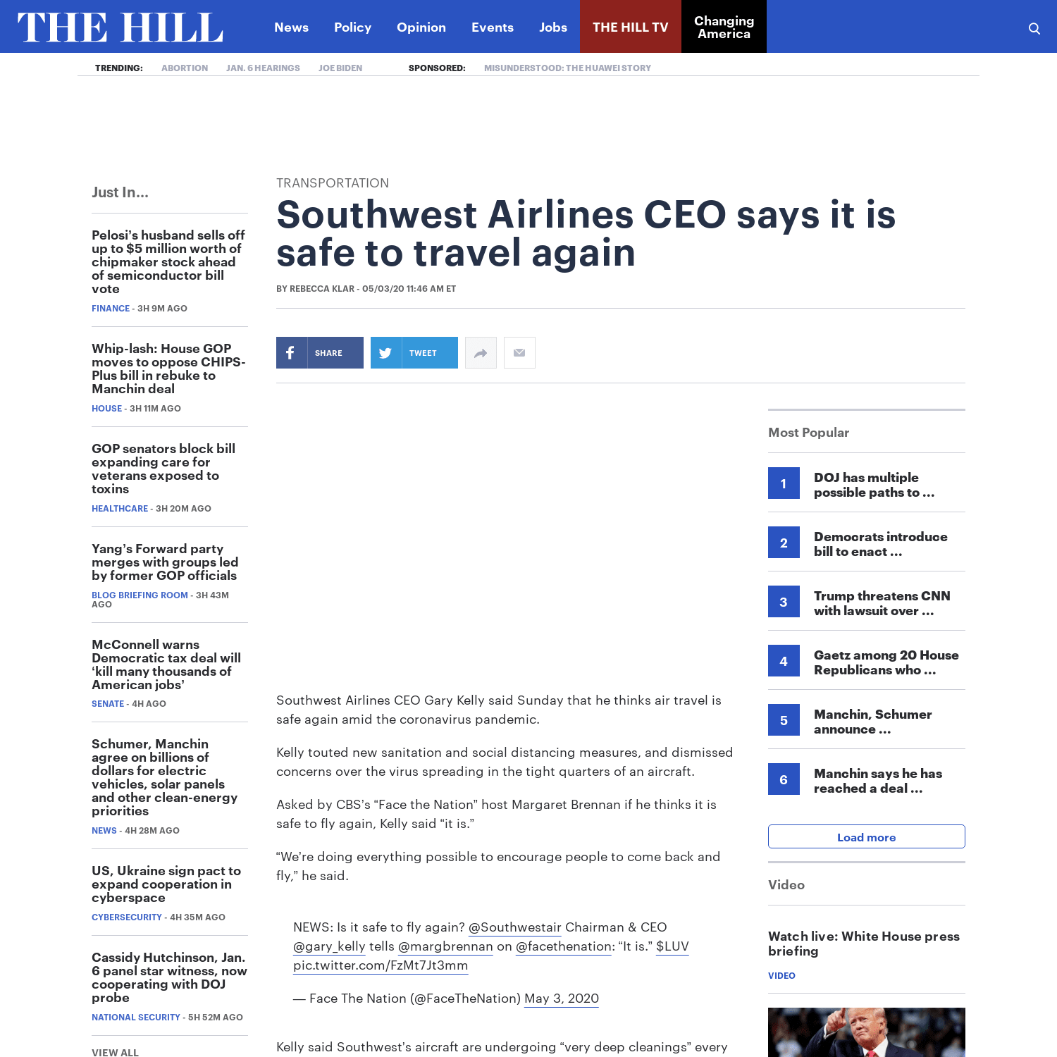 Southwest Airlines CEO says it is safe to travel again