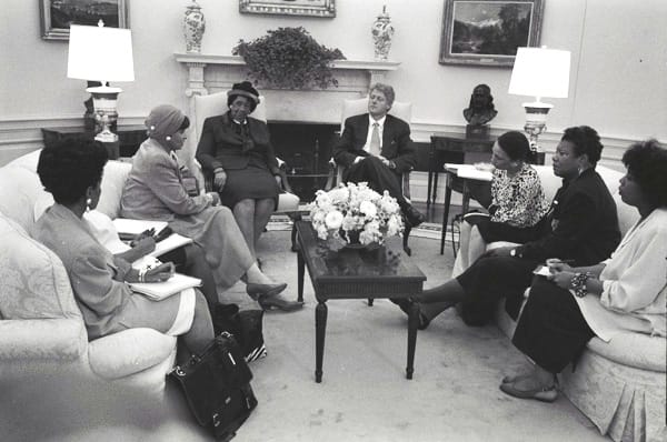 President William J. Clinton meeting with Black Women's Leadership Group, including Maya Angelou, Dorothy Height, Delores Tucker, Alexis Herman, and Maggie Williams in the Oval Office. 6/29/93. Photographer: Sharon Farmer. BlackHistoryMonth @WJCLibrary: